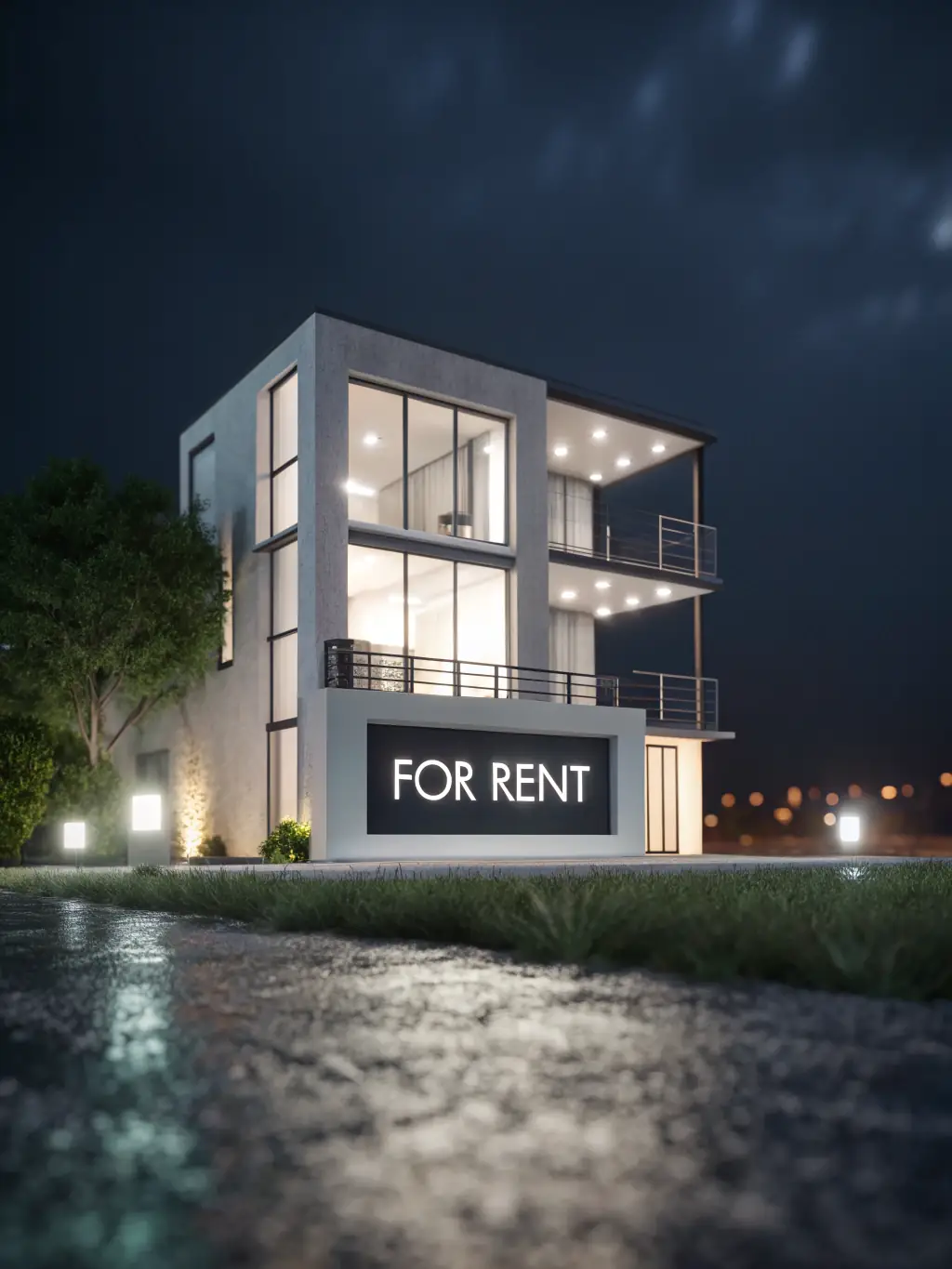 A modern apartment with a 'For Rent' sign, representing Zebra Inversion's services in facilitating rental and leasing agreements.
