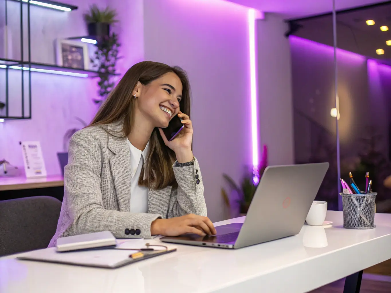 A friendly customer service representative assisting a client over the phone, showcasing excellent customer service.