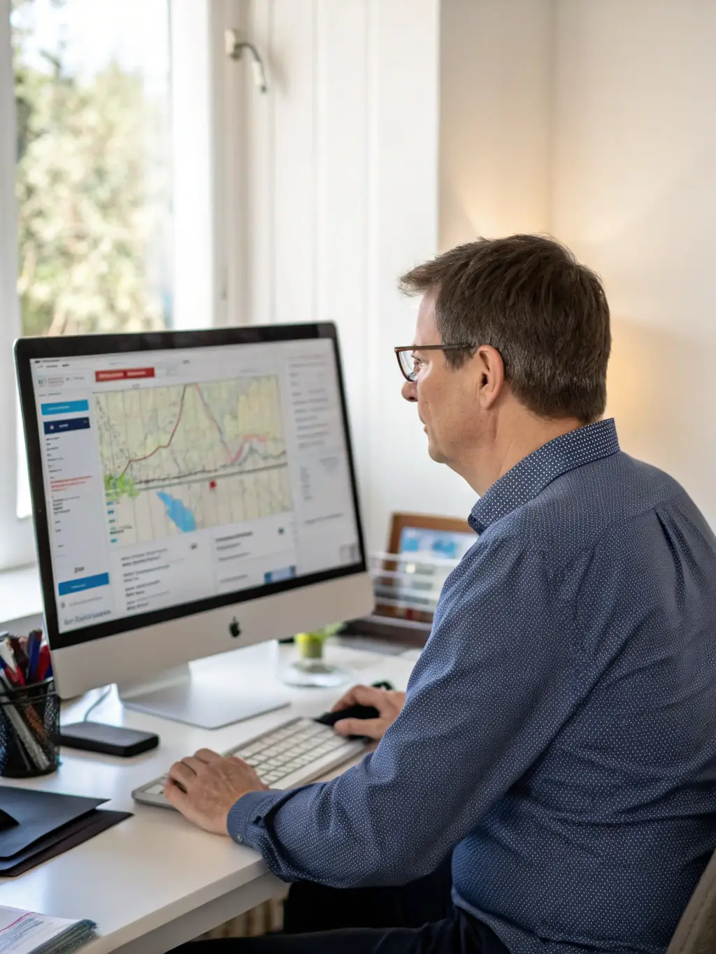 A property manager reviewing documents in an office setting with keys and blueprints, illustrating Zebra Inversion's property management services.