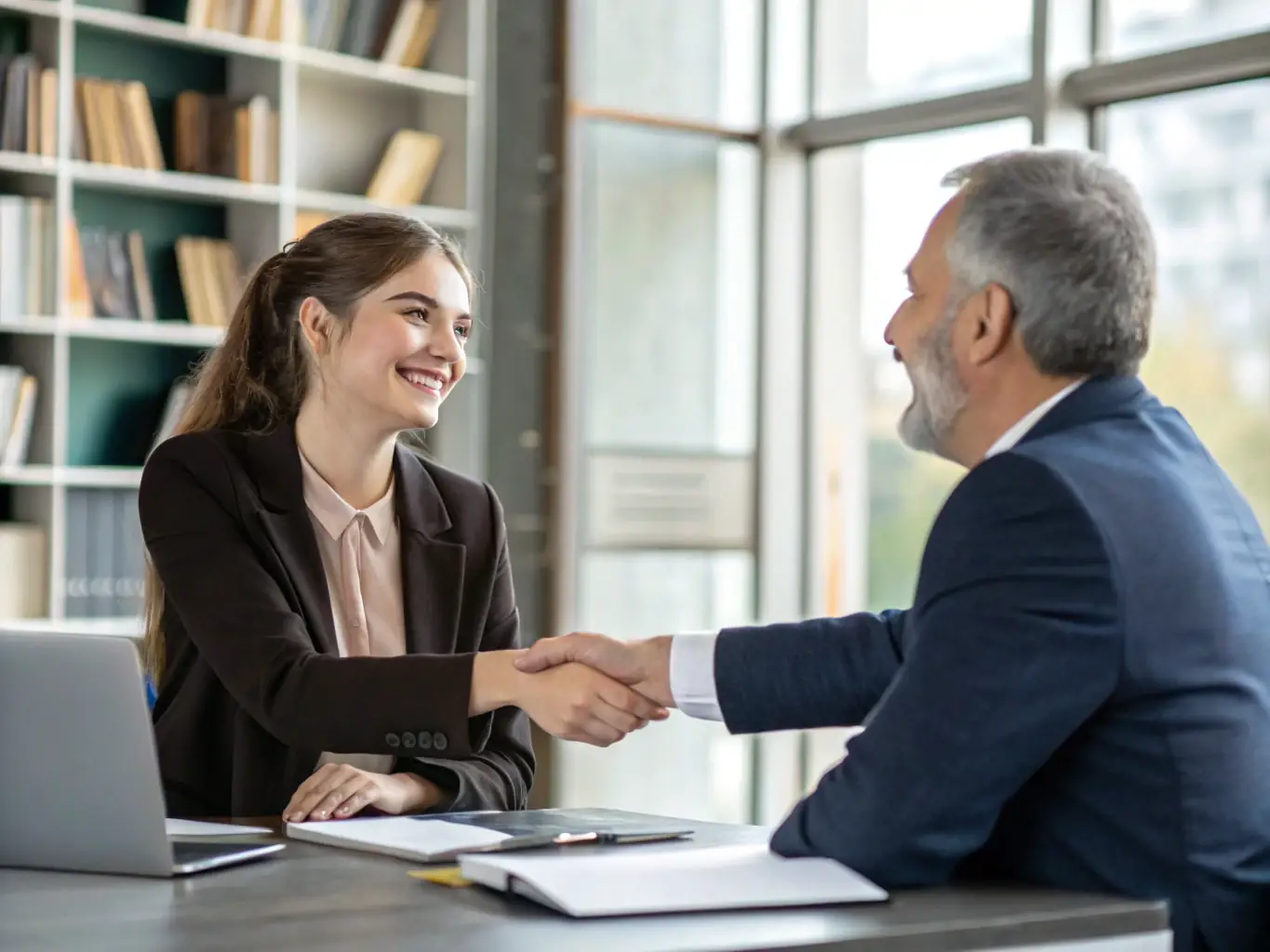 A professional real estate agent shaking hands with a client in a modern office setting, symbolizing trust and expertise.